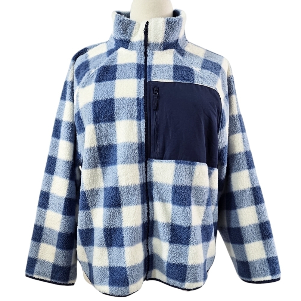 J. Crew BJ129 Blue White Buffalo Check Woven Sherpa Zip Up Jacket Chest Pocket